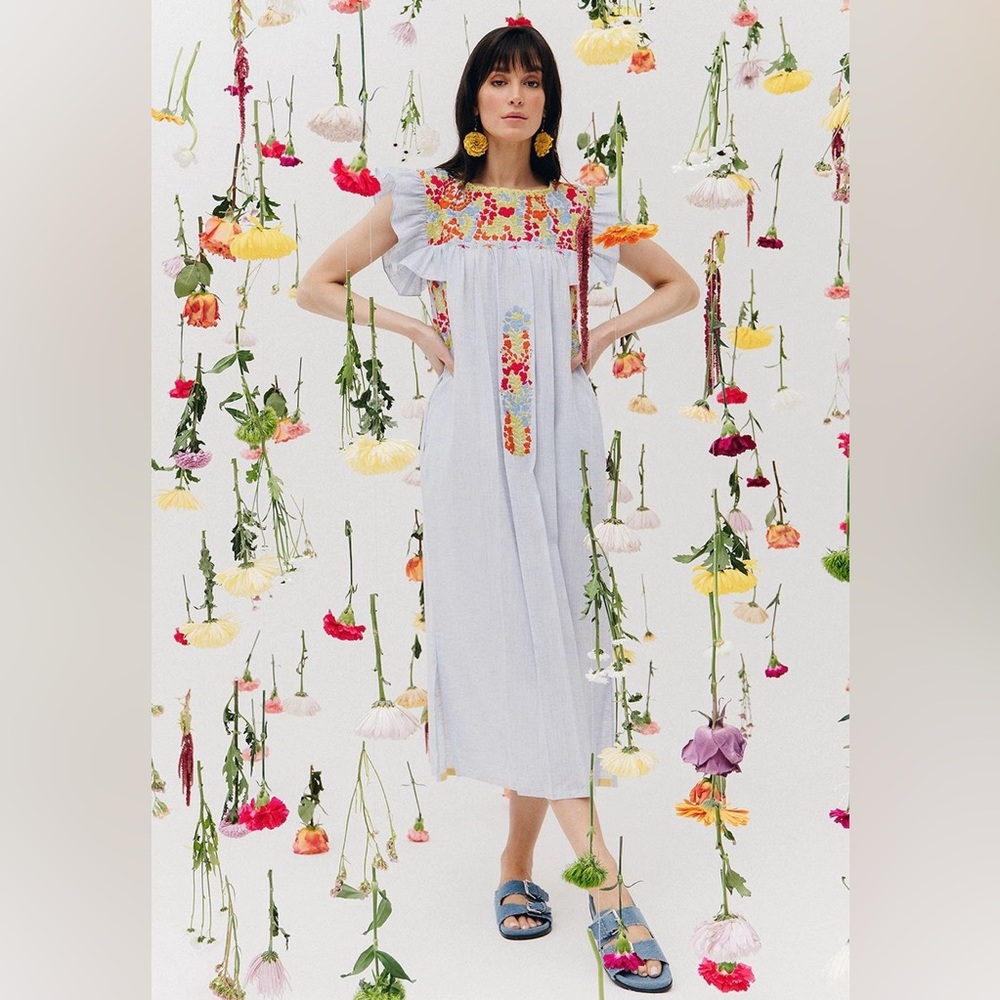 NWT Mi Golondrina Soledad Midi Dress Blue Embroidered Boho Cotton XS